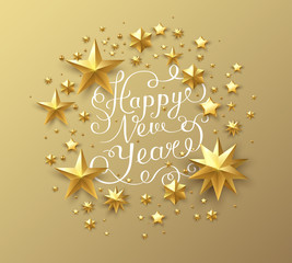 Fototapeta na wymiar Happy New Year card with golden shiny stars.