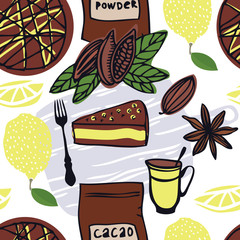Food Collection Cacao cake with lemon Seamless pattern