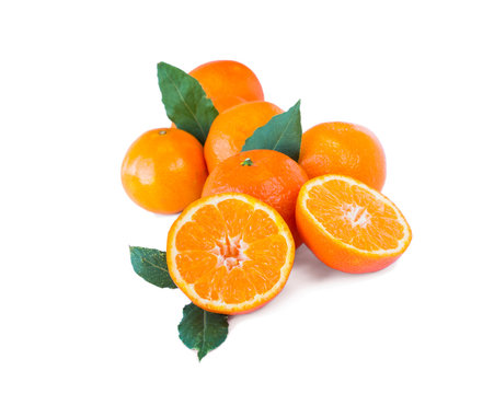 Mandarins with copy space for text. Ripe and tasty tangerines isolated on white background. Clementines on a white background. Background tangerines. Fresh tangerines isolated on white.