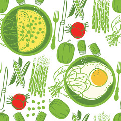 Food collection Omelette and fresh vegetables Seamless pattern