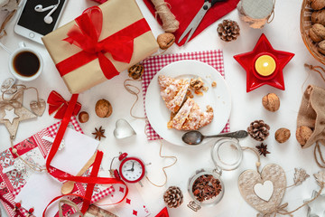 Christmas decorations on white background, top view. Various Christmas objects.