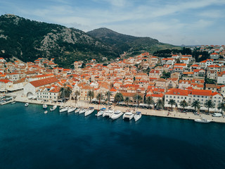Aerial view photo of picturesque port with sailboats and yachts