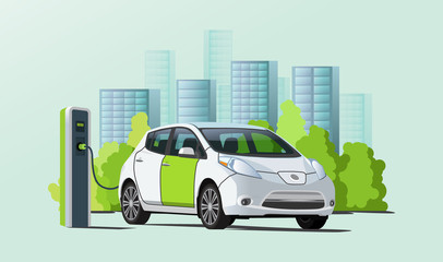 Green and white electric car charging at charging station, cityscape on background, ecological transport, flat style vector illustration