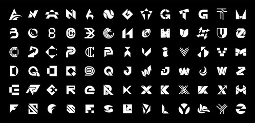 Abstract logos collection with letters. Isolated on Black background