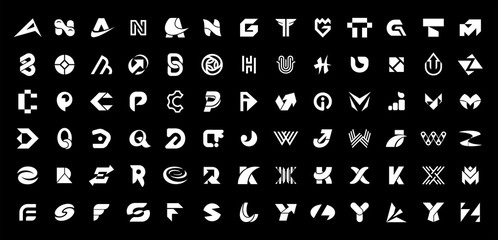 Abstract logos collection with letters. Isolated on Black background
