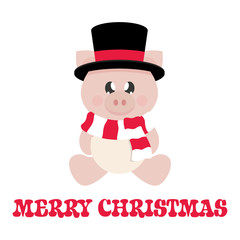 winter cartoon pig with scarf in hat sitting with christmas text