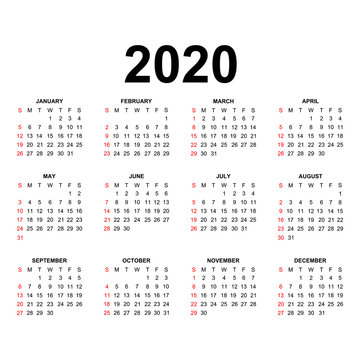 Calendar 2020 template. Calendar design in black and white colors, holidays in red colors
