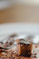 Chocolate cake with chocolate sauce on white dish.