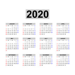 Calendar 2020 template.Holidays in red colors.Week starts Monday.