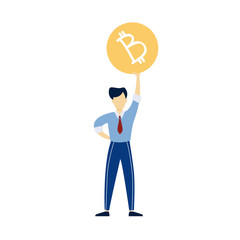 Happy man holding giant bitcoin. Businessman with cryptocurrency