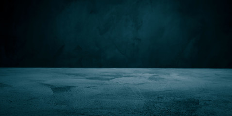 Dark room concrete turquoise background. Black wall and floor interior background with space...