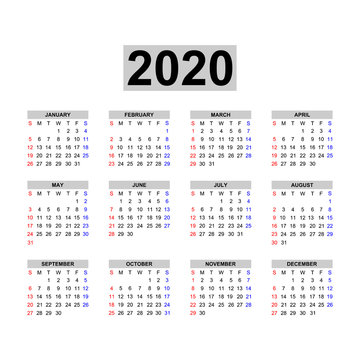 Calendar 2020 template.Holidays in red colors.Week starts Monday.