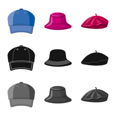 Vector illustration of headgear and cap icon. Set of headgear and accessory vector icon for stock.