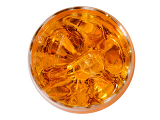 glass of whisky with ice pieces, the top view on a white background
