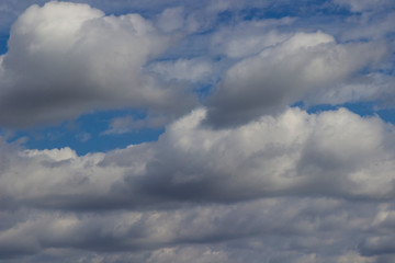 Large white cumulus clouds in the blue sky