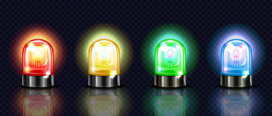 Siren lights vector illustration of red, yellow or green and blue alarm lamps or police and ambulance emergency flashers. Isolated realistic 3D alert beacons set on dark transparent background
