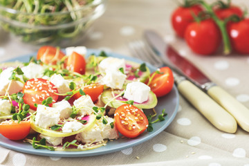 Healthy delicious tasty salad with tomatoes, radishes, cheeses, sprouts and sesame in plate on light wooden table