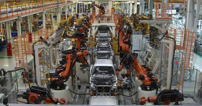 body of car on conveyor top view. Modern Assembly of cars at the plant. The automated build process of the car body