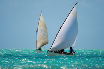 Wooden sail fishing boats - pirogues in Rodrigues