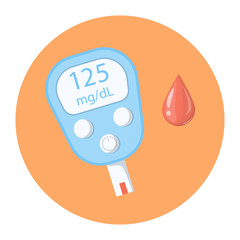 Diabetes concept. Blood drop and glucometer for sugar