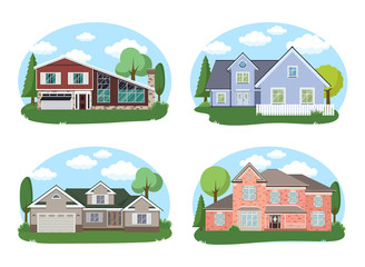 Vector Buildings Set. Flat Design Houses Isolated on White Background. cartoon house exterior with blue clouded sky Front Home Architecture Concept Flat Design Style.