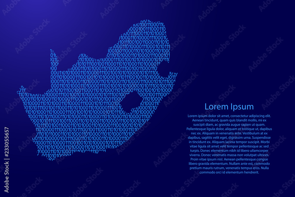 Poster south africa map abstract schematic from blue ones and zeros binary digital code with space stars fo