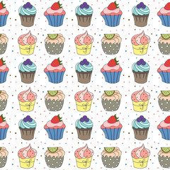 Seamless pattern with cute cupcakes.