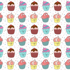 Seamless pattern with cute cupcakes.
