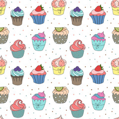 Seamless pattern with cute cupcakes.