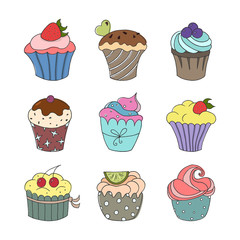 Set of hand drawn cupcakes on white background.