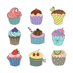 Set of hand drawn cupcakes on white background.