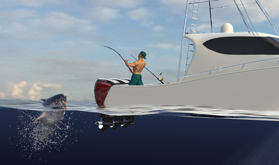Sport fisherman catching big tuna from sport fishing boat half water view 3d render