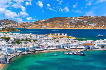 Mykonos port with boats and windmills at evening, Cyclades islands, Greece - obrazy, fototapety, plakaty