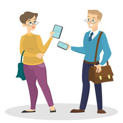 Obraz premium People standing and holding mobile phone in arm