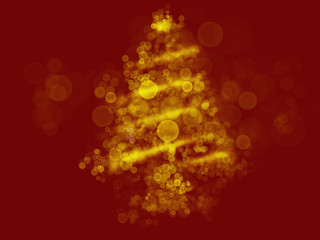 Abstract Christmas tree on red background, illustration. Golden bubbles and sparkles in shape of christmas tree. Festive greeting card, space for text. Merry Christmas and Happy New Year