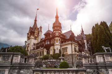 Fototapeta premium Landscape of Peles Castle in summer season. Romania, Sinaia