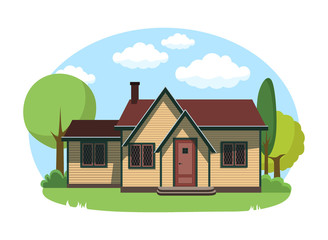 Naklejka premium Cartoon house exterior with blue clouded sky Front Home Architecture Concept Flat Design Style. Vector illustration of Facade Building.