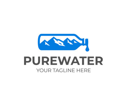 Spring water logo design. Mineral water vector design. Bottled water with mountains and drop logotype