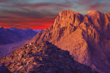 Amazing sunrise at Sinai Mountain, beautiful dawn in Egypt, Moses mountain