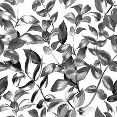 decorative leaves seamless pattern for surface design, fabric, wrapping paper, background. abstract style black and white illustration. natural leaf simple repeatable motif