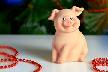 pig on the background of the Christmas tree and toys