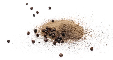 Black ground pepper and grain isolated on white background