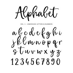 Hand drawn vector alphabet, font. Isolated letters and numbers written with marker or ink. Brush script.