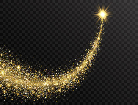 Star dust trail with glitter sparkling particles on transparent background. Gold glittering space comet tail. Cosmic wave. Golden shining star with dust tail. Festive backdrop. Vector illustration