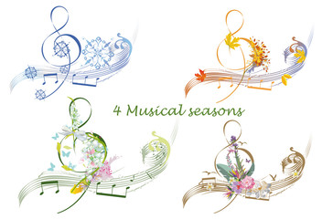 Abstract treble clef decorated with summer, autumn, winter and spring decorations: flowers, leaves, notes, birds. Hand drawn musical vector illustration.