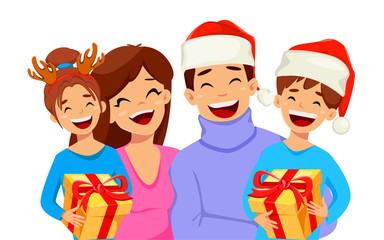 Merry Christmas greeting card with happy family