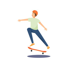 Fototapeta premium Young guy in a helmet rides a skateboard and performs various difficult stunts.