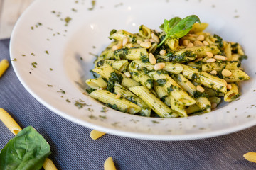 a macaroni basil pesto plate