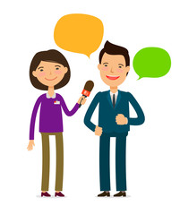 Journalist take interview. Press Conference, Broadcasting reportage concept. Cartoon vector illustration