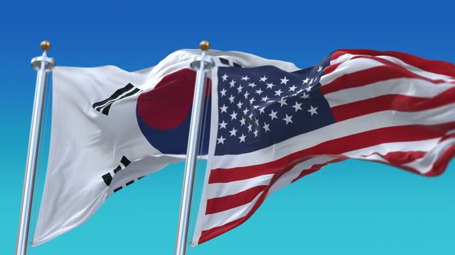 4k Seamless United States of America And South Korea Flags with blue sky background,A fully digital rendering,The flag 3D animation loops at 20 seconds,USA KOR.